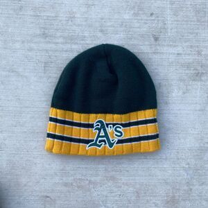 Vintage 90s Oakland A’s New Era Beanie Green Yellow MLB Knit Hat Retro Korea OS
